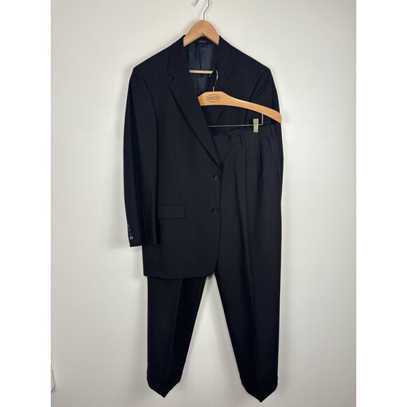 Hart Schaffner Marx 2 Piece Suit Mens 41L Wool Dark Navy HSM Super 100s Pleated